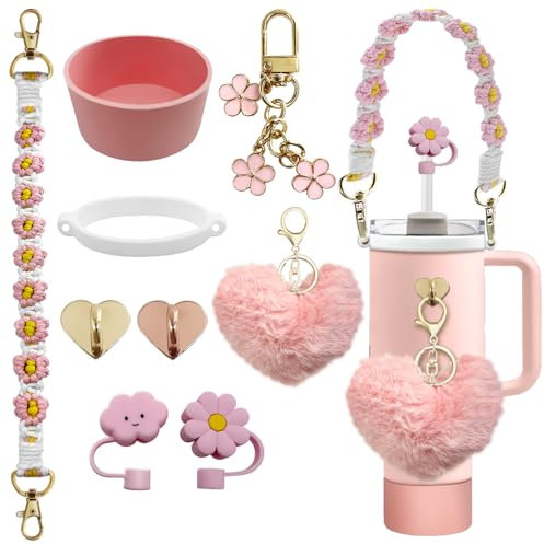 Stanley Tumbler Cup Accessories Set for 20oz 30oz 40oz With Stanley Siliocne Straw Cover，Water Bottle Handle Strap，Stanley Charms，Tumbler Cup Siliocne Cup Boot (Pink)
