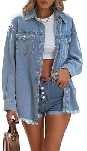 CLXLYU Damen Jeansjacke Mode Langarm Denim Jacke Lose Revers Pure Color Single Breasted Mid Länge Mantel