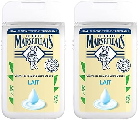 Le Petit Marseillais - Crème de Douche Extra Douce Lait (flacon de 250 ml) – Gel douche avec 92% d'ingrédients d'origine naturelle – pH neutre pour la peau et sans colorant (Lot de 2)