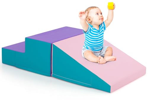 GOPLUS Parcours Motricité Bébé en Mousse avec Escalier et Toboggan pour Enfant 6 Mois-3 Ans, Modules Motricité Idéals pour Escalade, Glissade et Activités Physiques (Rose+Bleu)