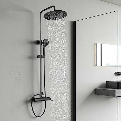 KOMIRO Colonne de Douche Noir, Colonne de Douche avec Mitigeur, Ensemble de Douche avec Hauteur Réglable, Pomme Douche de Tête 250 mm Rond et Douchette 3 Jets D'eau pour Salle de Bain