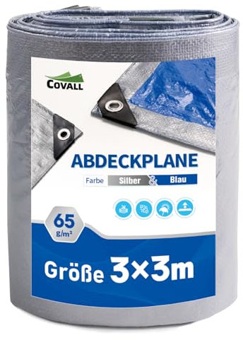 Covall Telone Occhiellato Leggero Argento/Blu Antistrappo Impermeabile Antivento e Resistente ai Raggi UV per Auto,Camion,RV,Casa,Tenda,Barca,Piscina Telo 65g/m² (3x3)