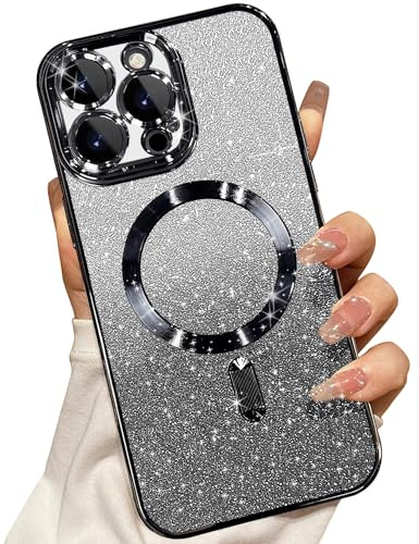 Misscase Magnetisch Hülle Kompatibel für iPhone 14 Pro, Glitzer Verlauf Handyhülle Kompatibel mit MagSafe, Stoßfest Anti-Kratzen mit Kamera Objektivschutz Niedliche TPU Schutzhülle-Schwarz