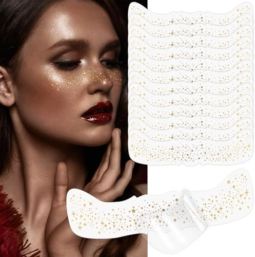 LOPHE Glitter Freckles Face Tattoo, 12PCS Glow Up Sparkle Temporary Tattoo, Makeup Face Glitter Speckles Patches, Waterproof Freckles Metallic Tattoo Sticker, Cute Temporary Face Freckles for Women, A