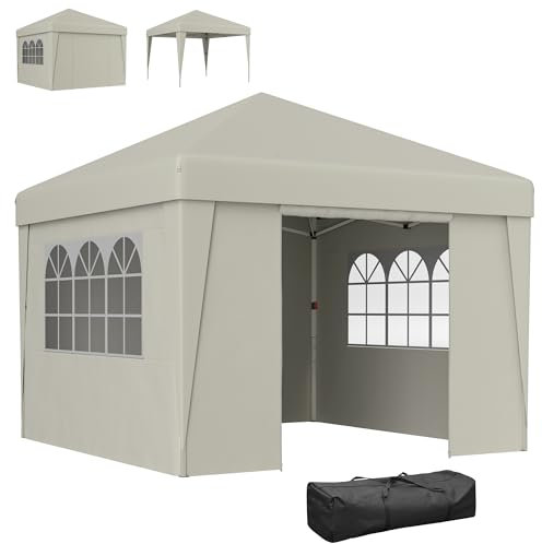Outsunny Jardín cenador Pop-up Plegable cenador Barnum Fiesta Carpa 3 x 3 m Anti-UV 30 + con Ventanas Paredes Laterales Bolsa de Transporte Sacos de Arena Crema