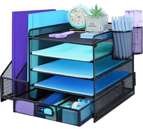 TSDRBWO Organisateur de bureau avec porte-documents et 2 porte-stylos, bac à lettres à 5 niveaux avec tiroir, rangement de bureau en maille avec porte-magazine pour fournitures de bureau, noir