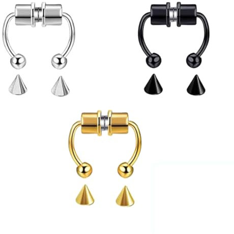 HABNI 3 Pièces Faux Piercing De Nez Magnétique – Noir, Acier Et Or, Anneau Septum Réutilisable, Style Fer À Cheval, Non Perçant
