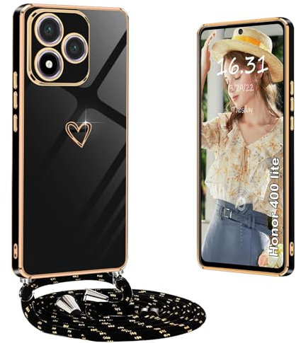 Yutwo Funda para Honor 400 Lite con Cuerda, Fundas para Honor 400 Lite con Colgante Patrón de Love Suave Carcasa Antigolpes Funda, Negro