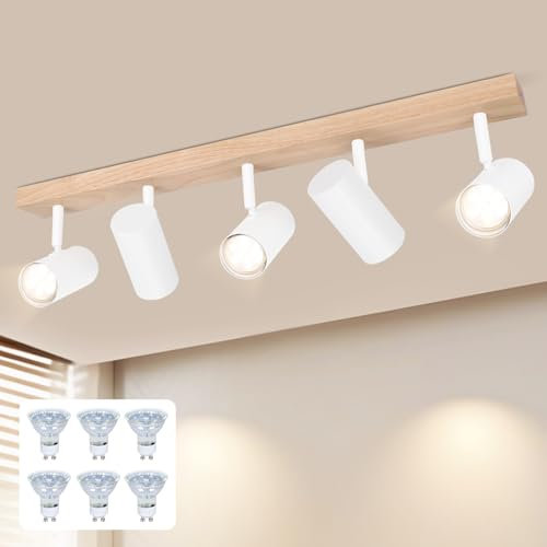 Glitzerlife Deckenleuchte 5 Flammig Deckenstrahler Holz - Deckenlampe Weiß Deckenspots GU10 Wohnzimmerlampe 350° Flurlampe Decke Spotlight Flur für Schlafzimmer Küche Wohnzimmer Mit Leuchtmittel