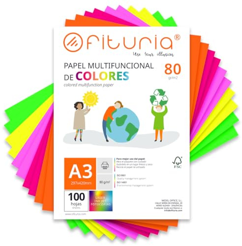 OFITURIA Buntes Papier, 100 Blatt A3 80g – Farbiges Papier für Basteln, Drucker, Scrapbooking – Farbbögen (Neonfarben, 100 Blatt)