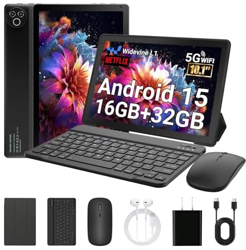 Laptok Android 15 Tablette 10 Pouces avec 32 Go ROM+1 to TF, 5000 mAh, WiFi 6, Bluetooth 5.4, Tablette Tactile avec étuis de Protection pour Souris, Clavier et Casque (Noir)