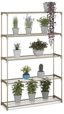 Relaxdays Flower Shelf, H x W x D: 140 x 91 x 28 cm, 5 Shelves, Plug-In System, Metal & Plastic, Greenhouse Shelf, Brown