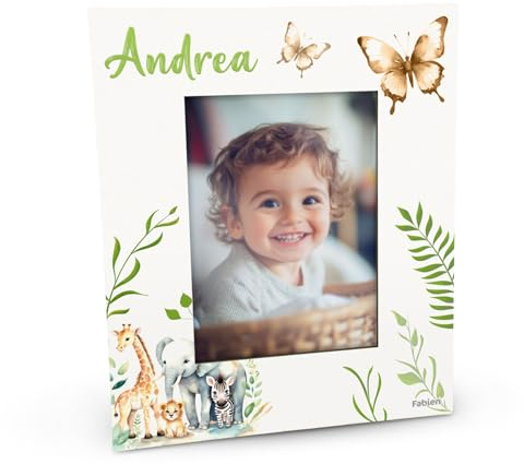 Albalù Cornice Foto Personalizzata - Tema Safari e Farfalle – Portafoto in Legno con Nome per Bambini – Idea Regalo Bimbo e Bimba - 10X15 cm