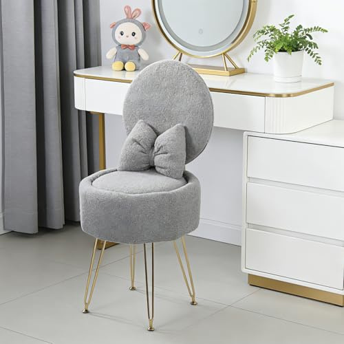 RBFGYIOP Plush Flannel Vanity Stool with Bowknot Backrest & Storage, Foldable Back Makeup Chair with Cushioned Seat & Metal Legs, Soft Dressing Table Stool for Bedroom, Home Decor, Grey