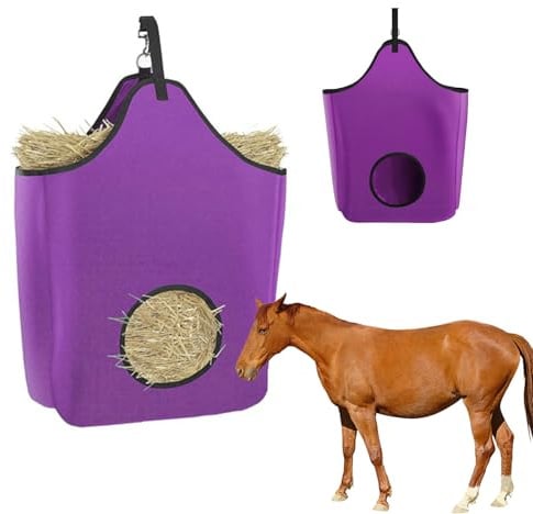 dellyy Heutasche Pferd, Heusack Heunetz für Pferde Groß, Pferde Futtersack, für Pferde Heuraufe, Oxford-Stoff (Purple, M)