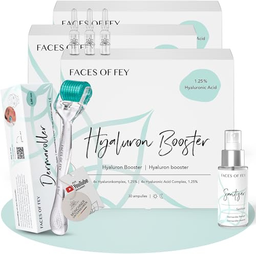 Dermaroller 0,5 mm ECHTE Nadeln – Microneedling Anti-Aging System 3 Monate – Falten, Hauterschlaffung, Zornesfalte, Stirnfalten, Augenfalten, Nasolabialfalten, Mundfalten, Raucherfalten – FACES OF FEY