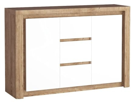 Masseno Kommode VARUS 144 cm Sideboard mit 3 Schubladen und 2 Türen für Wohnzimmer Schlafzimmer Modern 144x40,5x97,5 cm Eichefarben/Weiß