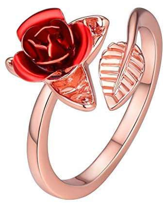 Suplight Bague Femme Réglable Décor de Rose Fleur Rouge Anneau Ouvert Plaqué Or Rose Bijoux pour Fille Girl Women Ring Cadeau des Anniversaire Fête des Mères Saint Valentin