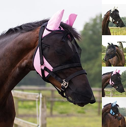 netproshop Fliegenmaske mit Abnehmbarem Nüsternschutz Fliegenhaube Größe Mini-XFull, Groesse:Mini Shetty, Farbe:Schwarz/Rosa
