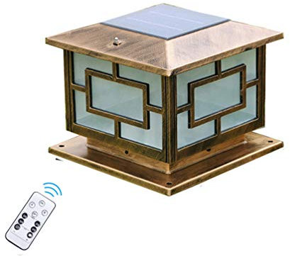 ACMHNC LED Lampe De Pilier Solaire Extérieure, Marron Or Lampe Pilier Portail avec Télécommande,Carré Lampadaire De Jardin IP65 Étanche Antique Lampe De Chemin Cour Terrasse Patio Luminaire Borne,S