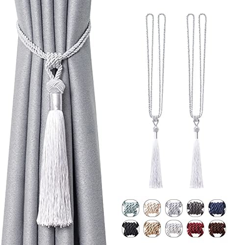 Pretty Jolly 2 Pack Long Tassel Curtain Tiebacks Handmade Braided Rope Knot Drape Tie Backs European Style Decorative Curtain Holdbacks for Home & Office Window Drapery (Silver Grey)