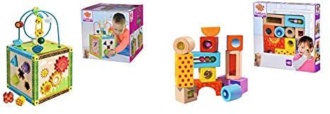 Eichhorn 100002235 buntes Spielcenter, Motorikwürfel mit Motorikschleife, 20x20x36 cm & Holz-Soundbausteine, 12 bunt Bedruckte Klangbausteine mit verschiedenen Geräuschen, Bausteine aus Birkenholz