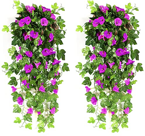NIBESSER Flores Colgantes Artificiales Decoracion 2 Piezas Gloria de La Mañana Artificiales Decorativas 90 cm Plantas Artificiales Exterior para Pared Jardín Balcón Patio Boda, Fucsia Morado