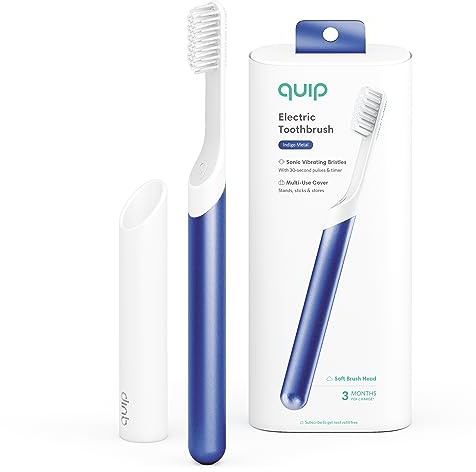 Quip Spazzolino elettrico per adulti, con custodia da viaggio e supporto a specchio, setole morbide, timer e manico in metallo, colore: indaco
