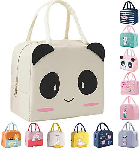WUWYOUWL Bolsa de almuerzo, encantadora bolsa de almuerzo reutilizable con enfriador de cartón, bolsa de almuerzo plegable térmica e impermeable para mujeres y niños (Panda white)