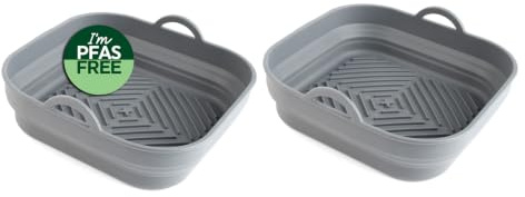 Salter Air Fryer Accessories Air Fryer Basket Liners, Square 2 Pack | Collapsible silicone, ribbed base for air flow, handles for safe lift, non-stick, dishwasher safe, 21 x 16 x 6 cm