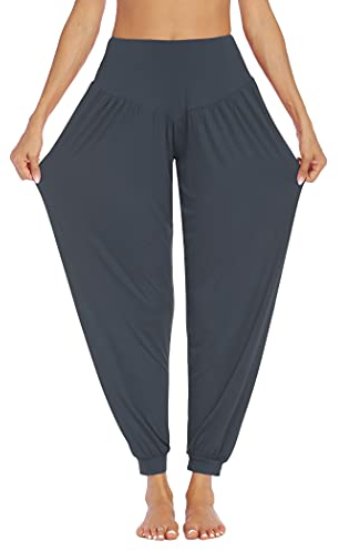 PINSPARK Pumphose Damen Sport Haremshose Lang Yoga Hose Sommer Yogahose Jogginghose Baggy Pluderhose Sporthose Freizeithose Frauen Grau S