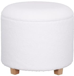 La Maison Grand tabouret ottoman en bouclette avec couvercle amovible et pieds en bois (blanc, tabouret rond)