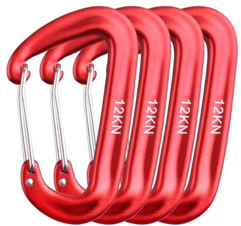 TRIWONDER Carabiner Clip Heavy Duty Wire Gate Small Carabiner Clips D Shape Keyring Snap Hook for Hammock Camping Hiking Fishing (12kN - Red - 4 Pcs)