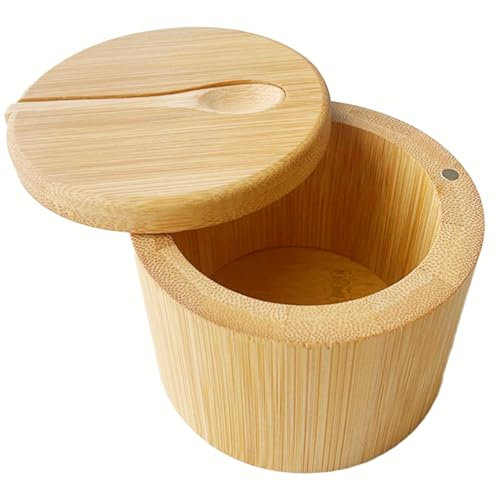 Bamboo Salt Cellar Bowl Box with Built-in Spoon, Wood Salt Cellar with Lid, Salt Container with 360° Swivel Magnetic Lid, Salt Pigs for Kitchen Storage Pepper Spice Bath Salt Sea Salt Holder, 7 oz