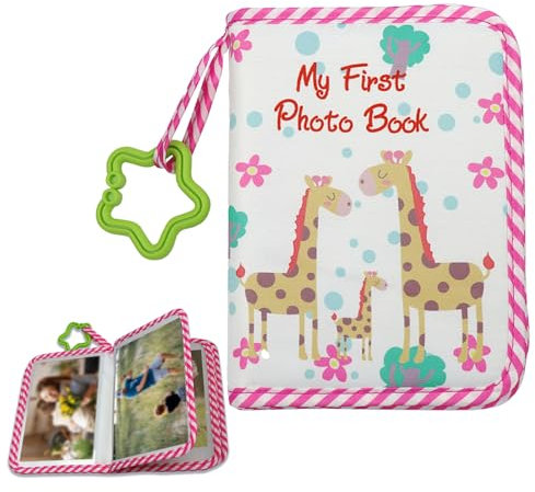 Vxcbad Baby Fotoalbum Stoff Fotobuch FotobüCher FüR Kleinkinder 14 X 17,8 Cm, 17 Fotos, Mit BeißRing-AnhäNger Giraffen-Design (Rosa)