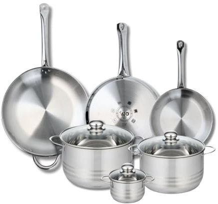 ELO 9886550 Batterie de cuisine 6 pièces, Ensemble de 3 Poêles de cuisson 24, 28 et 32 cm et 3 faitouts 12, 20 et 24 cm Elo Profi Brillant, inox, induction