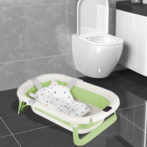 ☑Faltbare Babybadewanne mit rutschfestem Kissen, integriertem Thermometer, tragbares Design für Zuhause und Reisen, Bench für Babys, leicht zu reinigen (Grün, Kissen, 71 x 43 x 18,5 cm)