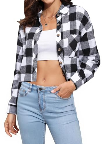Dressmine Cropped Cotton Spring Thin Checked Shirts Womens Flannel Plaid Shacket Lightweight Button Down Cardigan