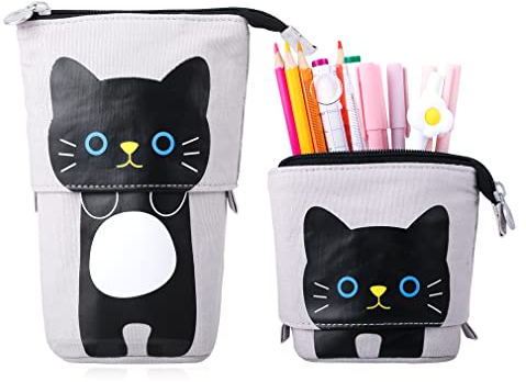 iSuperb Leinwand und PU Verwandeln Mäppchen Etuischule Täschchen Federmäppchen Kosmetiktasche Organisator Stifteköcher Süße Kätzchen in 3 Farbe 19 x 12.5 x 7.5cm (Grau)