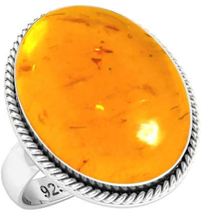 Jeweloporium Orange Bernstein 925 Silber Ringe für Frauen Edelstein Handgefertigt Silber Ringe Größe 58(18.5) Muttertag Geschenk Cocktail Schmuck