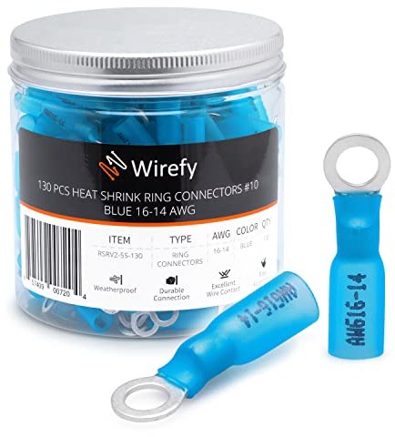 Wirefy 130 PZ Connettori Occhiello M5 - Kit Terminali Anello Termoretraibili - Capicorda Elettrici Crimpare - Blu 1,5-2,5 mm²