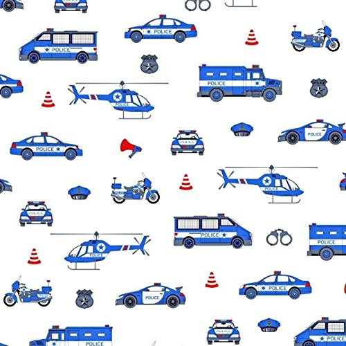 11,99€/m Auto Baufahrzeuge Polizei Feuerwehr 100% Baumwolle Baumwollstoff Kinder Meterware Handwerken Nähen Stoff (Polizei Blau auf Weiß, 100x160cm (11,99€/m))