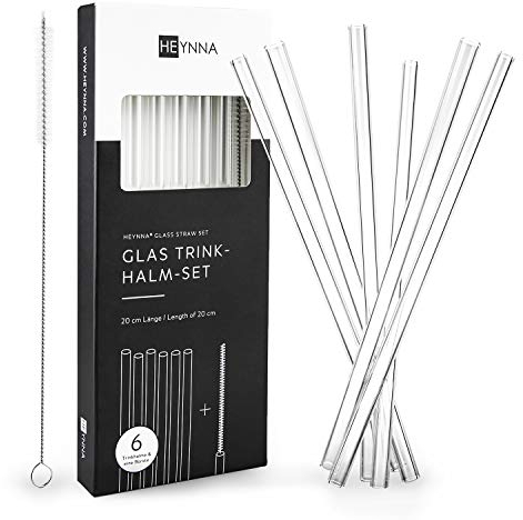 HEYNNA® 6 pajitas de vidrio de borosilicato con cepillo de limpieza - pajitas reutilizables duraderas y sin plástico - longitud de 20 cm y diámetro de 8 mm - probadas según las normas LFGB