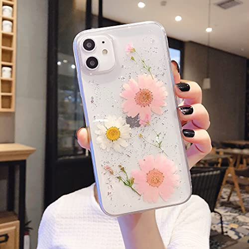 EYZUTAK Case for iPhone 11 6.1 inch, Bling Glitter Sequin Handmade Real Dried Flower Leaf Embedded Pressed Floral Flexible Soft Rubber Gel TPU Protective Bumper Back Cover - Pink Flower