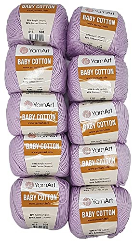 10 x 50g Strickwolle YarnArt Baby Cotton mit 50% Baumwolle, 500 Gramm Wolle einfarbig (flieder 416)