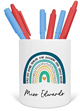 Personalised Teacher Pen Pot - Custom Rainbow Desk Organiser for School, Nursery or Office - End of Term Gift for Teaching Assistant, TA - Ceramic Pencil Holder (Blue Boho Rainbow)