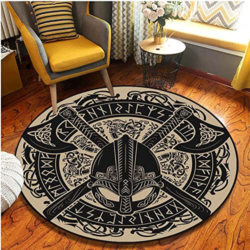 PBTMCD 3D-Druck Wikinger Muster Bereich Teppich Runden Boden Matte Leben Zimmer Badezimmer Küche Fußabtreter Maschine Waschbar Anti-Rutsch Unterstützung,Viking Axe,120cm