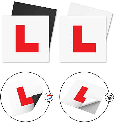 ANLIOTE 4 Pack Learner Plates for Learning Driver - Stick on Car Any Surface, 2 Fully Magnetic L Plates & 2 Self-adhesive Learner Stickers Window Decals, Easy to Use and Non Scratch Vehicle Paint