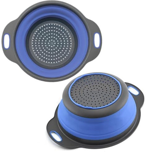 Round Silicone Blue Colander Collapsible – Foldable Kitchen Strainer Collapsible Colander with Plastic Handles for Draining Vegetable and Fruit Round Silicone Kitchen Strainer for Pasta