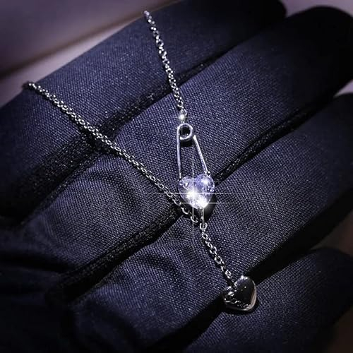 OBCPD 925 Silber Sicherheitsnadel Anhänger Strass Kristall Halskette für Frauen Gliederkette Schmuck Halskette für Frauen